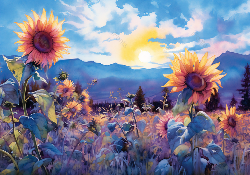 蓝色天空太阳向日葵花田盛开水彩插画,插画/手绘图,插画/手绘图库,插画/手绘图下载,插画/手绘